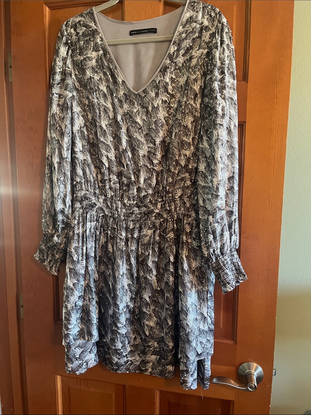 Long-Sleeve V-Neck Gray sparkle Patterned Dress with Smocked Waist